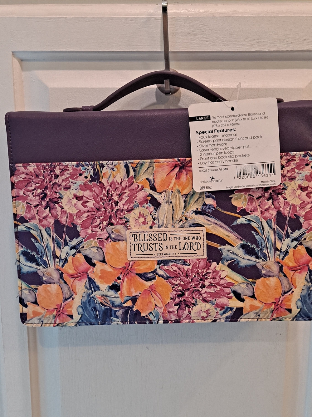 Christian Art Gifts Floral Purple Bible Book CarrierTote Bag Inspirational Patch